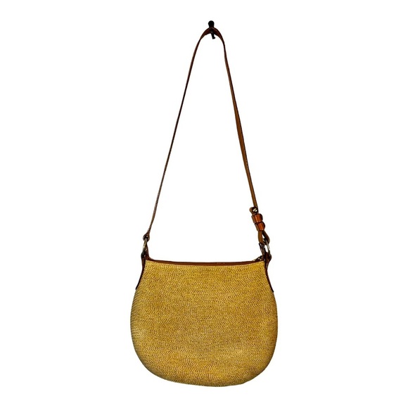 ERIC JAVITS WOVEN SQUISHEE CROSSBODY BAG TAN BROWN GOLD STRAW LEATHER - Picture 2 of 12